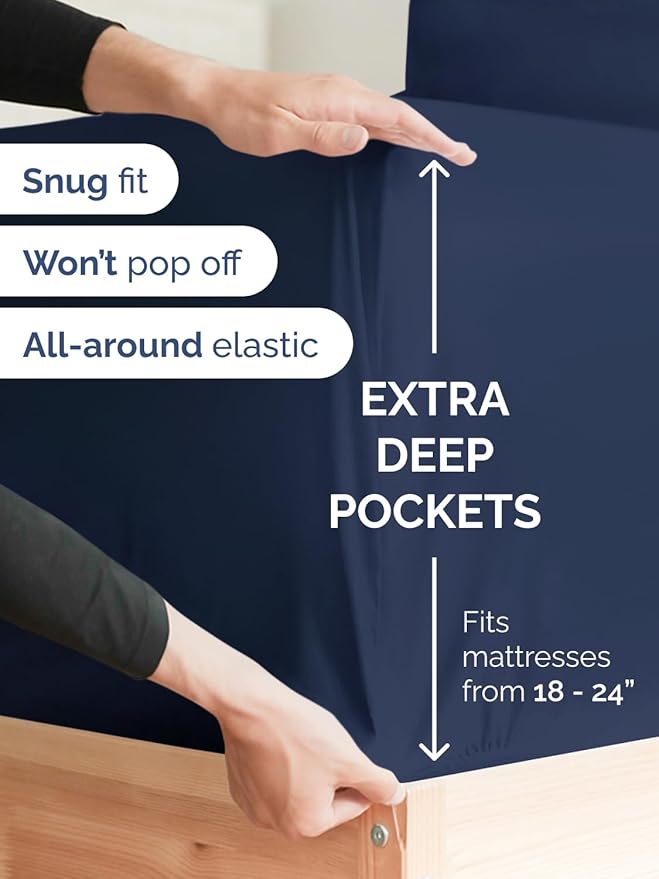 Extra Deep Split King Sheet Set - 5 Piece Breathable & Cooling Bed Sheets - Easily Fits 18 - 24 inch Mattress - Ultra Soft, Wrinkle & Fade Free w/ Extra Deep Pockets - Hotel Luxury Bedding - Navy Blue