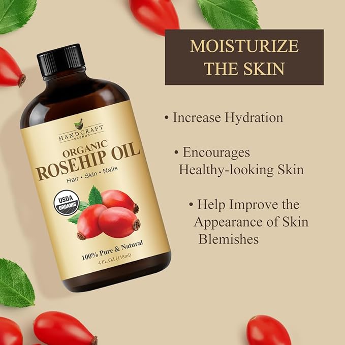Handcraft Blends Cold-Pressed Organic Rosehip Oil | 4 Fl Oz | 100% Pure and Natural | Premium Grade Oil | Face, Skin and Hair | Protect | Nourish | Carrier Oil