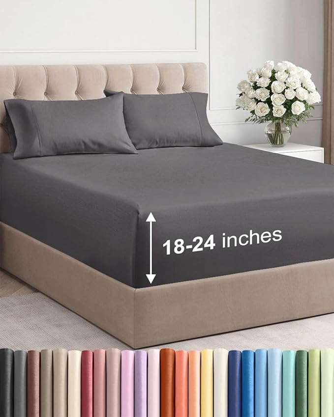 Extra Deep Full Sheet Set - 4 Piece Breathable & Cooling Bed Sheets - Easily Fits 18 to 24 inch Mattress - Ultra Soft, Wrinkle & Fade Free with Extra Deep Pockets - Hotel Luxury Bedding - Dark Grey