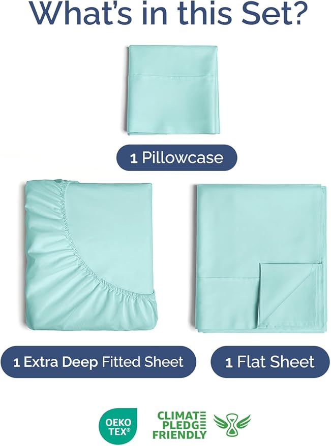 Extra Deep Twin Sheet Set - 3 Piece Breathable & Cooling Bed Sheets - Easily Fits 18 to 24 inch Mattress - Ultra Soft, Wrinkle & Fade Free w/ Extra Deep Pockets - Comfy Hotel Luxury Bedding - Spa Blue