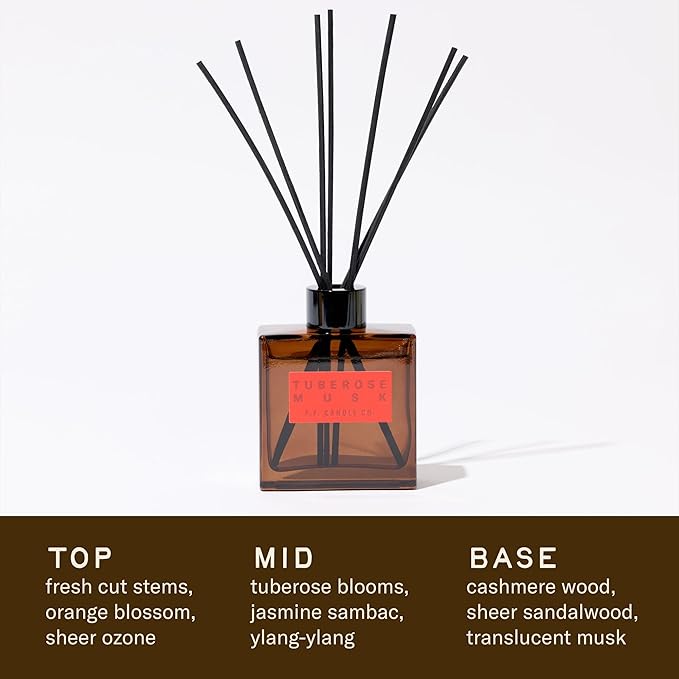 P.F. Candle Co. Tuberose Musk Premium Scented Reed Diffusers (4 fl oz) Luxury Cocoa Brown Glass Jar, Fine Fragrance Oil, Long-Lasting Flame-Free Scent