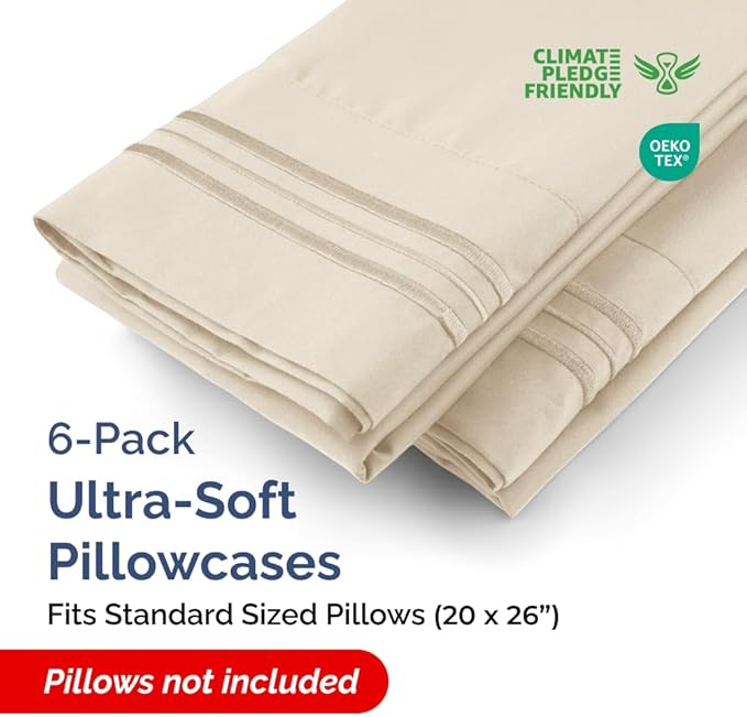 Standard Pillow Cases Set of 6 - Ultra Soft Hotel Quality Pillowcase Covers - Comfy, Cozy & Wrinkle Free - Shrink, Stain and Fade Resistant - Machine Washable Pillow Protectors - 6 Piece Set - Wheat