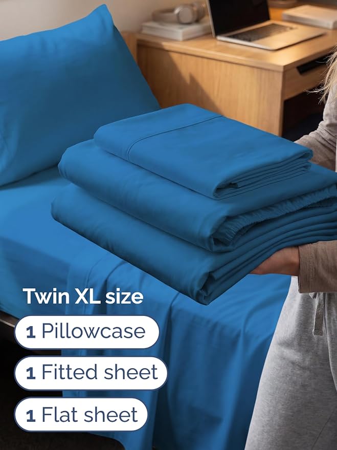 Extra Deep Twin XL Sheet Set - 3 Piece Breathable & Cooling Bed Sheets - Easily Fits 18 to 24 inch Mattress - Ultra Soft, Wrinkle & Fade Free w/ Extra Deep Pockets - Hotel Luxury Bedding - Denim Blue