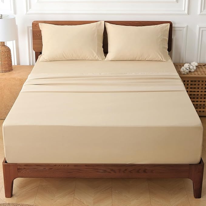 HYPREST Deep Pocket Queen Sheets Beige-100% Cotton Sheet Sets Fits 18"-24" in Deep Mattress, Hotel Luxury Soft Wrinkle Free Cooling Sheet Sets for Queen Bed Deep Pocket