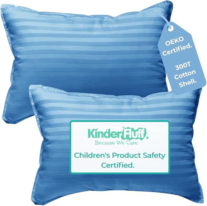 kinder Fluff Children Pillows 2X–Certified Hypoallergenic Award Winning Baby Pillow (no Pillowcase Needed) 300TC Pure Cotton Shell and Down Alternative Fill. Toddler Bedding Kids Pillow 7+ Blue