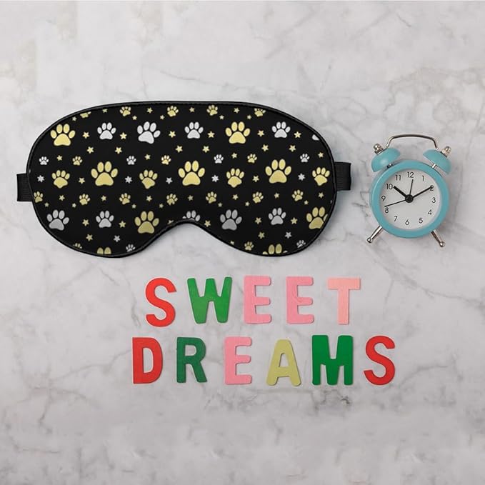 Dog Paw Sleep Eye Mask Eye Cover Gold Animal Paw Print Star Black Silk Eye Mask for Sleeping with Adjustable Strap for Travel Nap Shift Work Office