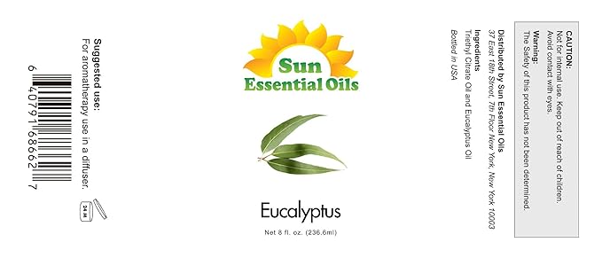 Sun Essentials Oils - 8 oz Eucalyptus Essential Oil with Dropper for Diffuser, Skin, Aromatherapy Massage, Humidifier, Scent for Candle, Lotion & Soap Making at Home, Fragrance for Room