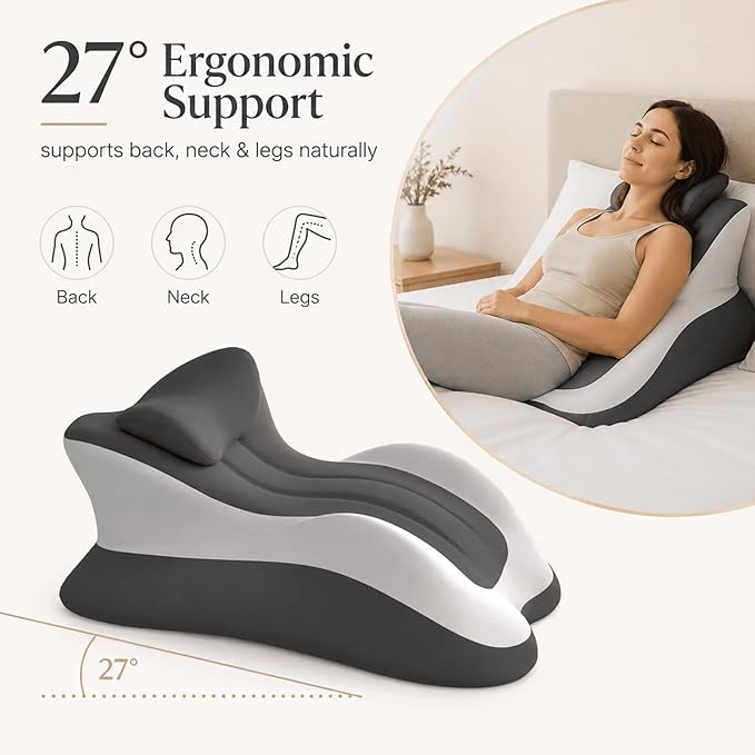 Ergonomic 27° Memory Foam Wedge Pillow for Bed, Multi-Position Support Pillow for Back, Neck & Legs, Positioning Pillow for Reading, Sitting Up & Relaxing, Gray
