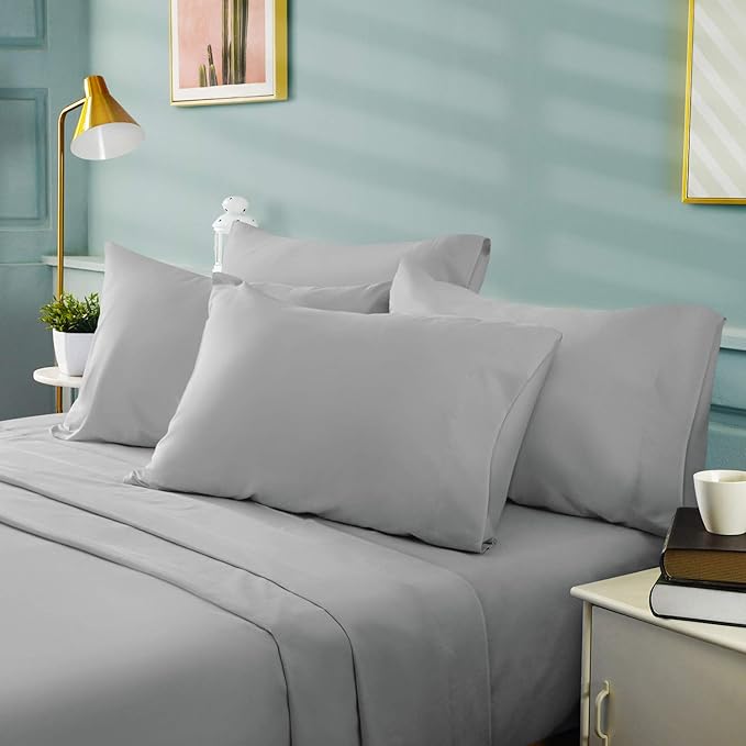BYSURE Hotel Luxury Bed Sheets Set 6 Piece(Queen, Light Gray) - Super Soft 1800 Thread Count 100% Microfiber Sheets with Deep Pockets, Wrinkle & Fade Resistant