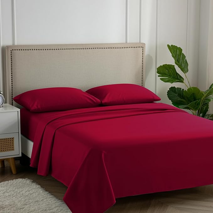 Carressa Linen 100% Egyptian Cotton Full Size Sheets - 600 Series Hydrangeas Collection Full Size Egyptian Cotton Sheets (4 PC, Red), 16" Deep Pocket Sateen Weave Luxury Hotel Bed Sheet Set