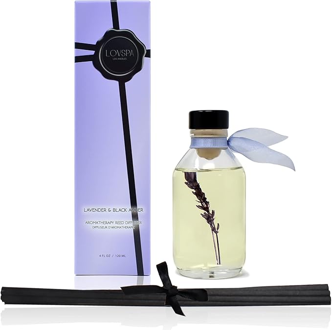 Reed Diffuser Set, Lavender & Black Amber Scented Oil Diffuser with Sticks, Home Fragrance Accessories for Bathroom Shelf Decor, Aroma Diffusers for Home or Office Desk, USA Made