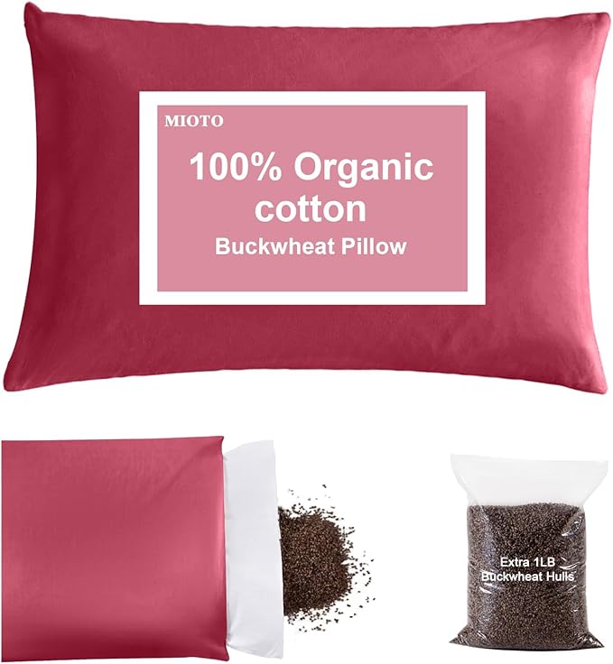 MIOTO Organic Buckwheat Pillow for Sleeping with Dual-Layer Pillowcase and Extra Tartary Buckwheat Hulls, Adjust Height and Firmness, Neck Support Pillow for Back and Side Sleepers 14"x20", Burgundy