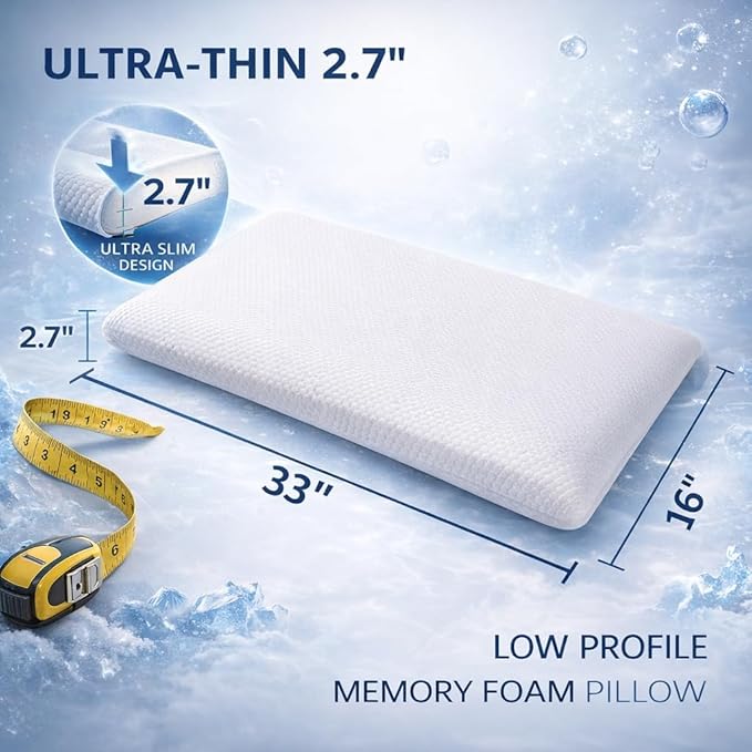 DLIGHT BD Slim 2.7" Stomach Sleeping Memory Foam Pillow-Thin, Flat, Soft Yet Supportative for Belly, Back& Stomach Sleepers (2.7" Ultra Slim-King)