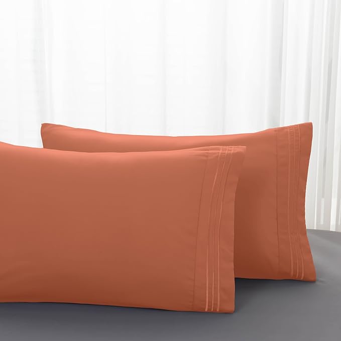 Mocassi 2-Piece Premium King Pillowcase Set 1800 Series Hotel Quality Microfiber - Soft and Breathable with 3-Line Embroidery Wrinkle and Stain Resistant, Easy Care, 20" x 40", Cooper