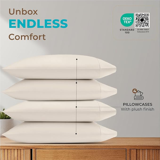 Thread Spread 100% Egyptian Cotton Queen Pillow Cases Set of 4 - Luxury 800 Series Euphoria Collection Queen Pillow Cases (Pack of 2, Ivory), Soft Cotton Pillowcases, Fits Standard Pillows
