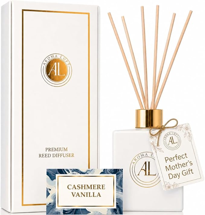 White Reed Diffusers Sticks in Oil Set with Cashmere Vanilla Scent | Long-Lasting Reed Diffusers for Home, Office, Bathroom, & Bedroom Decor Fragrance Diffuser | White Diffuser | (5 oz)