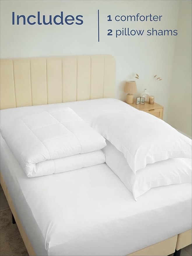 Queen Comforter Set - 3 Piece Bed Set for All Seasons - 1 Soft Quilted Comforter with Corner Tabs & 2 Pillow Shams - Comfy, Cozy & Breathable - Premium Down Duvet Insert - Oeko-TEX - Queen Size, White