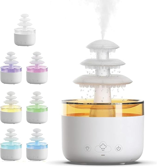 Bedroom Cloud Rain Humidifier, Essential Oil Diffuser with 7-Color LED Mood Light, Bedroom Sleep Aid with White Noise Rain Sound, Auto Shutdown Protection, Suitable for Home/Office/Daycare (White)