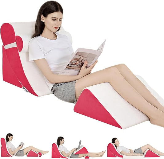 4PCS Orthopedic Bed Wedge Pillow Set for Post Surgery & Pain Relief,Adjustable Wedge Pillow for Back,Sitting up in Bed,Recovery,Acid Reflux,Snoring,Body Pillow for Sleeping (White/Red)