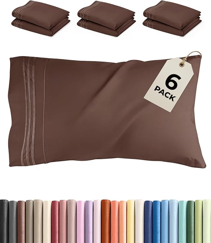 Standard Pillow Cases Set of 6 - Ultra Soft Hotel Quality Pillowcase Covers - Comfy, Cozy & Wrinkle Free - Shrink, Stain and Fade Resistant - Machine Washable Pillow Protectors - 6 Piece Set - Brown
