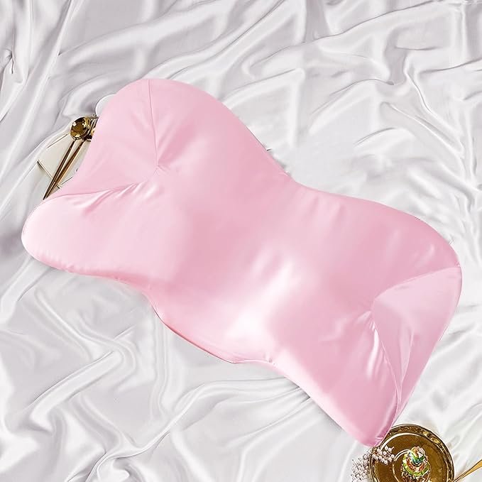 Satin Pillowcase for Cervical Pillow, Pink Silky Cervical Pillow Case Contour Pillow Case Cover with Zipper, Smooth Ergonomic Pillowcase for Neck Pillow Cover