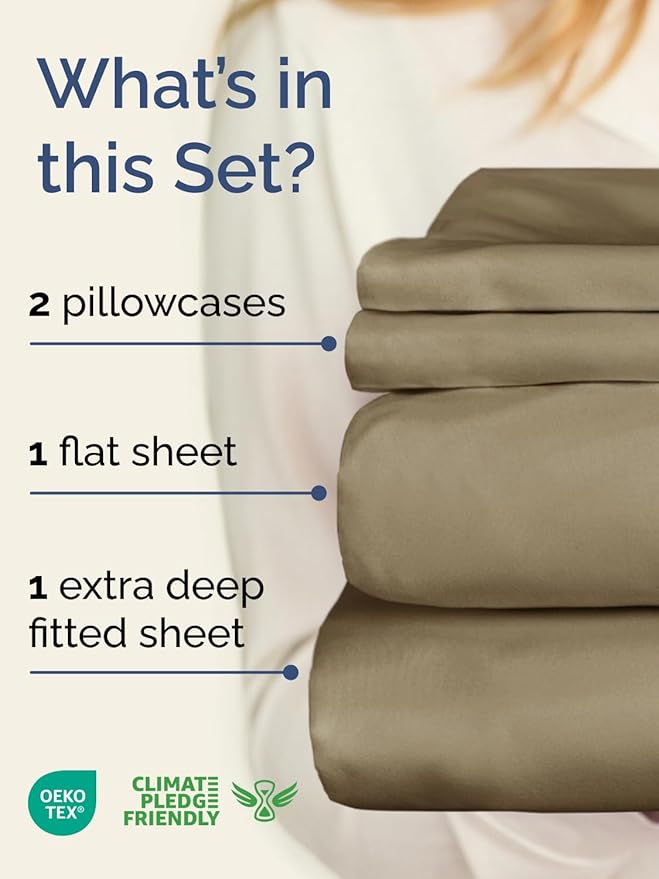 Extra Deep Cal King Sheet Set - 4 Piece Breathable & Cooling Bed Sheets - Easily Fits 18 to 24 inch Mattress - Ultra Soft, Wrinkle & Fade Free with Extra Deep Pockets - Hotel Luxury Bedding - Khaki