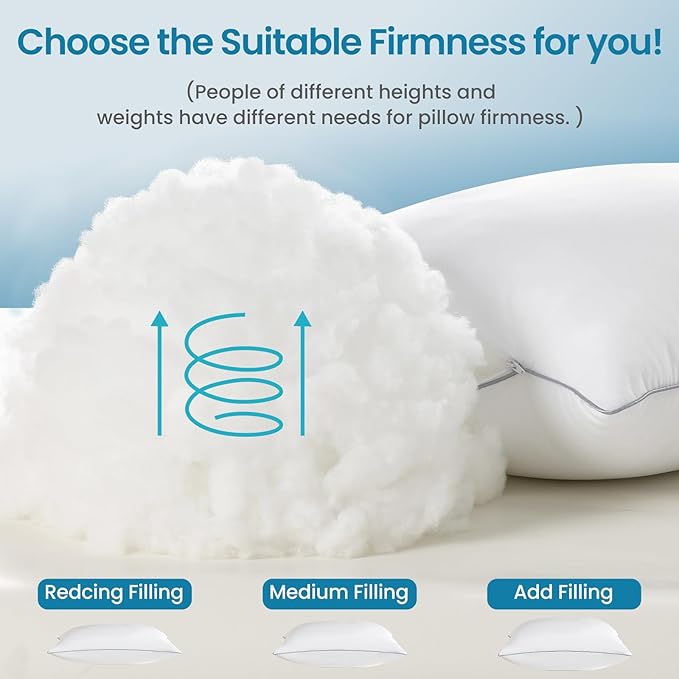 FP FLEXPEDIC Adjustable Bed Pillows for Sleeping - Pillows Queen Szie Set of 2, Soft & Fluffy Down Alternative Fill, Zippered Hotel Quality Pillows with Gray Piping, 110GSM Premium Cover, CertiPUR-US