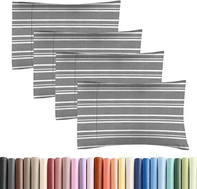 King Standard Pillow Cases Set of 4 - Soft Hotel Quality Pillowcase Covers - Comfy Bedding for Women, Men, Kids & Teens - Machine Washable Pillow Protectors - 4 Piece Set - King Standard Grey Stripes