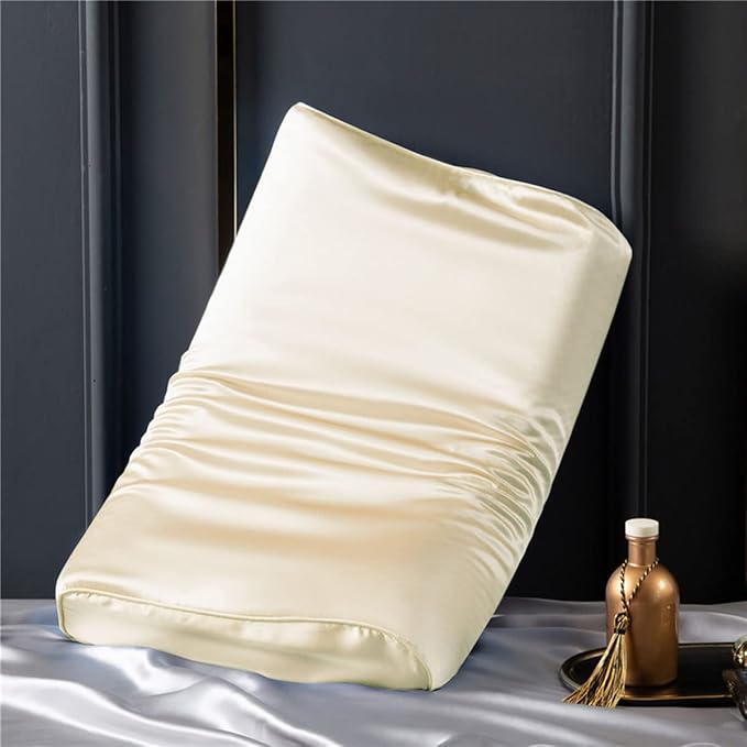 Silk Pillowcase for Memory Foam Pillow Neck Pillow, Pure Mulberry Silk Pillow Case for Cervical Pillow Contour Pillow (Beige, 20" x 12.5" x 4"/3")