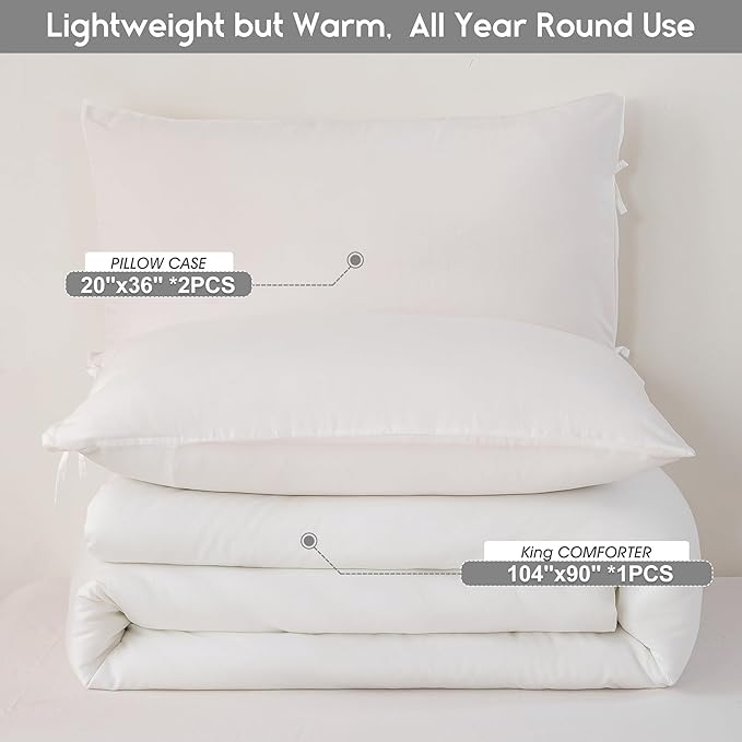 Softness White Comforter King - Cozy Polycotton Bedding Set - Comfy Fluffy Down Alternative Comforter King Size and 2 Pillow Case - Comfortable Lightweight but Warm Bed Blanket All Season