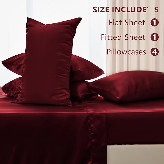 CozyLux Satin Sheets Full Size Sheets - 6 Piece Silky Full Size Bed Sheets, Luxury Burgundy Full Bed Set with Smooth and Soft Microfiber, Includes 1 Fitted Sheet, 1 Flat Sheet and 4 Pillowcases