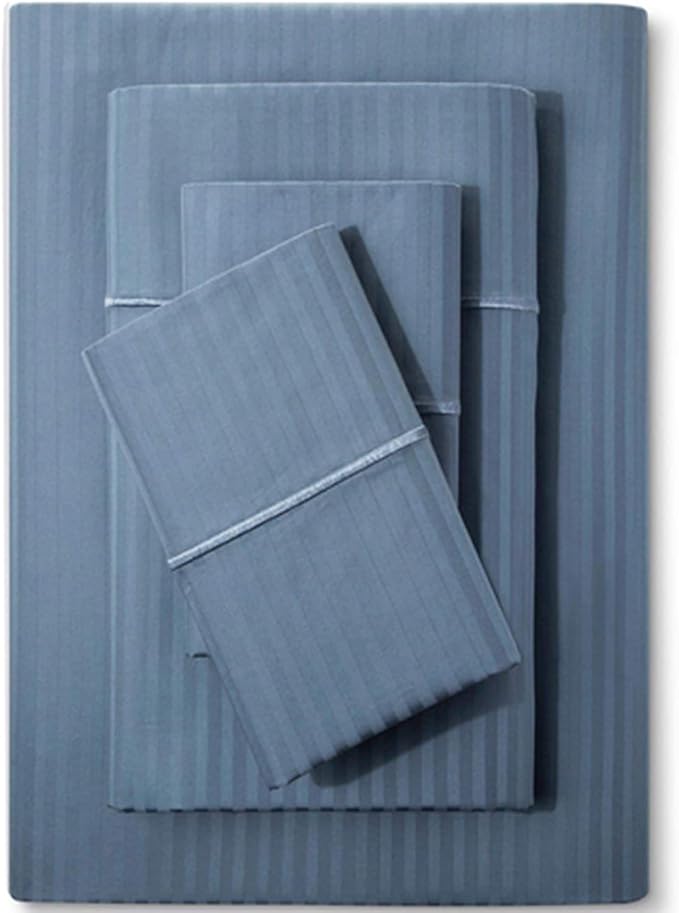 Feather & Stitch 500 TC Twin Size Damask Bed Sheet Set, 100% Cotton Soft Breathable Bedsheets, 3 Piece 18" Deep Pockets Sateen Weave Striped Bedding Mattress Resort Hotel Luxury Décor - (Blue Stripe)