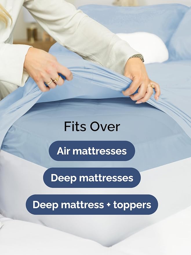 Extra Deep Split King Sheet Set - 5 Piece Breathable & Cooling Bed Sheets - Easily Fits 18 to 24 inch Mattress - Ultra Soft, Wrinkle & Fade Free w/ Extra Deep Pockets - Hotel Luxury Bedding - Sky Blue