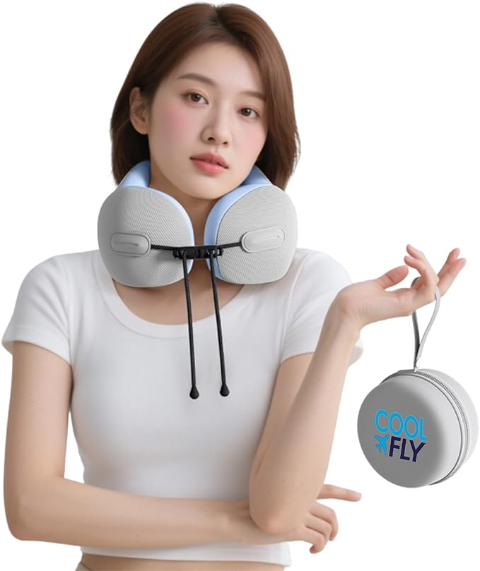 Cool Fly - Cool Colors Travel Neck Pillow Set. Cool Bright Fashion Pastel Colors. Luxury Memory Foam Airplane Adjustable Pillow. Cooling Silky Breathable Cover with Bonus Sleep mask, Blue-Beige