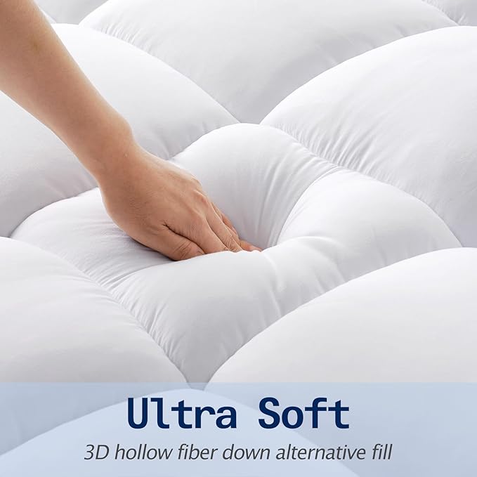 SOPAT Queen Size Mattress Topper, Extra Thick Pillow Top, Soft Down Alternative Fill, Deep Pocket Mattress Pad, 60x80 in, White, Machine Washable