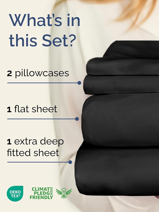 Extra Deep Queen Sheet Set - 4 Piece Breathable & Cooling Bed Sheets - Easily Fits 18 to 24 inch Mattress - Ultra Soft, Wrinkle & Fade Free w/ Extra Deep Pockets - Comfy Hotel Luxury Bedding - Black