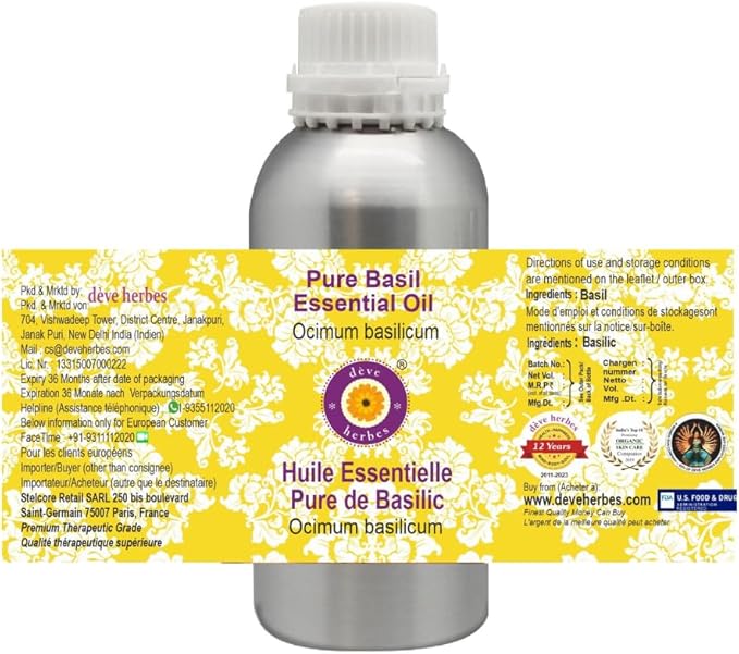 Deve Herbes Pure Basil Essential Oil (Ocimum basilicum) Steam Distilled 1250ml (42 oz)
