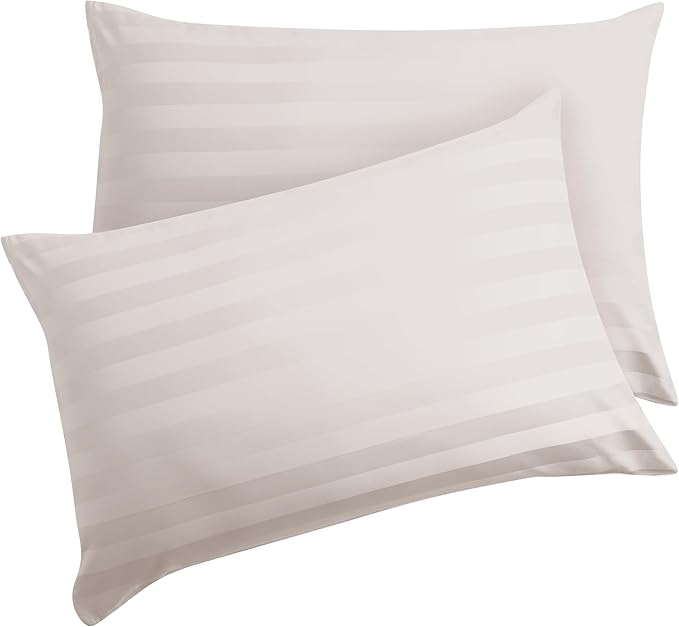 Pillow Protector Queen Size 100% Egyptian Cotton Pillow Covers, 400 Thread Count Sateen Weave Pillow Cases with Zipper Hidden, Breathable Non Noisy Easy Care, Set of 2 (Striped Light Beige)