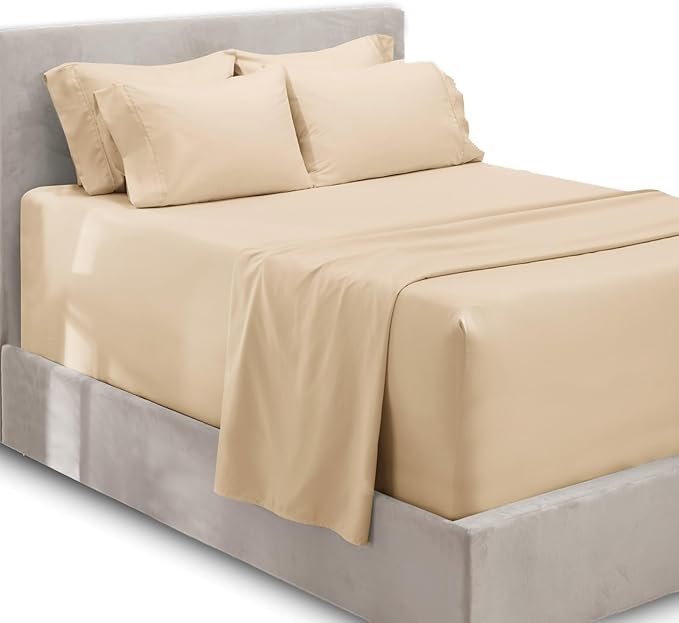 Hearth & Harbor Luxury Soft 6 Piece Bed Sheet Set Extra Deep Pocket Fitted Sheets Fits Mattress up to 21", Double Brushed Bedding, King, Cream