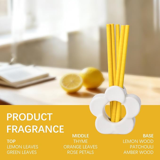 Liquid Free Non-Toxic Air Freshener for Home Diffuser Fragrance Lasts Over 30 Days Kit Includes 1 White Ceramic Base and 5 Scent Sticks (Lemon Leaf and Thyme)