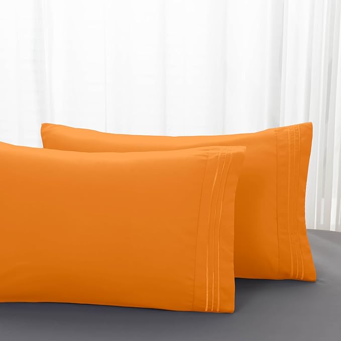 Mocassi 2-Piece Premium King Pillowcase Set 1800 Series Hotel Quality Microfiber - Soft and Breathable with 3-Line Embroidery Wrinkle and Stain Resistant, Easy Care, 20" x 40", Orange