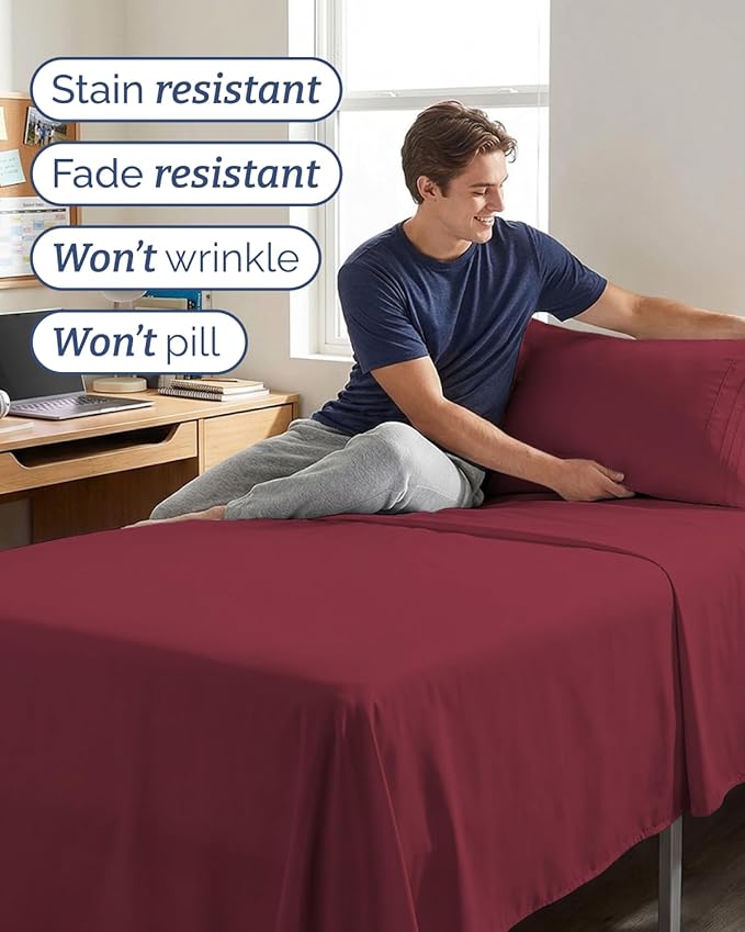 Twin XL 4 Piece Sheet Set - Comfy Breathable & Cooling - Hotel Luxury Bedding for Women, Men, Kids, Teens & Children - 1 Flat & 1 Fitted Sheet & 2 Pillowcases w/ Deep Pockets - Wrinkle Free - Burgundy