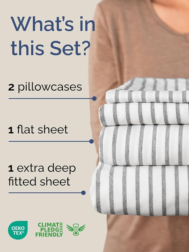 Extra Deep Full Sheet Set - 4 Piece Breathable & Cooling Bed Sheets - Easily Fits 18 to 24 inch Mattress - Ultra Soft, Wrinkle & Fade Free w/ Extra Deep Pockets - Hotel Luxury Bedding - Grey Stripes 2