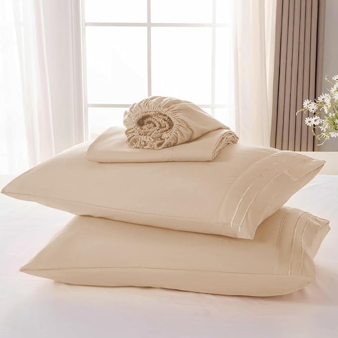 ROSE&RISY Khaki King Sheet Set, 4 Pieces Soft Bedding King Sheet Set, Breathable and Cooling,Includes 1 Fitted Sheet, 1 Flat Sheet, 2 Pillowcases - Deep Pocket (Khaki, King)