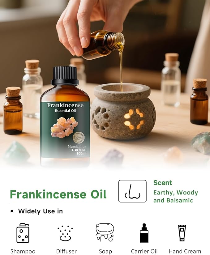 Frankincense Essential Oil, Mumianhua Pure Frankincense Oil, Steam-Distilled for Meditation Focus, Skin, Grounding Aroma for Diffuser, DIY Serum & Candle Making, 3.38 Fl Oz
