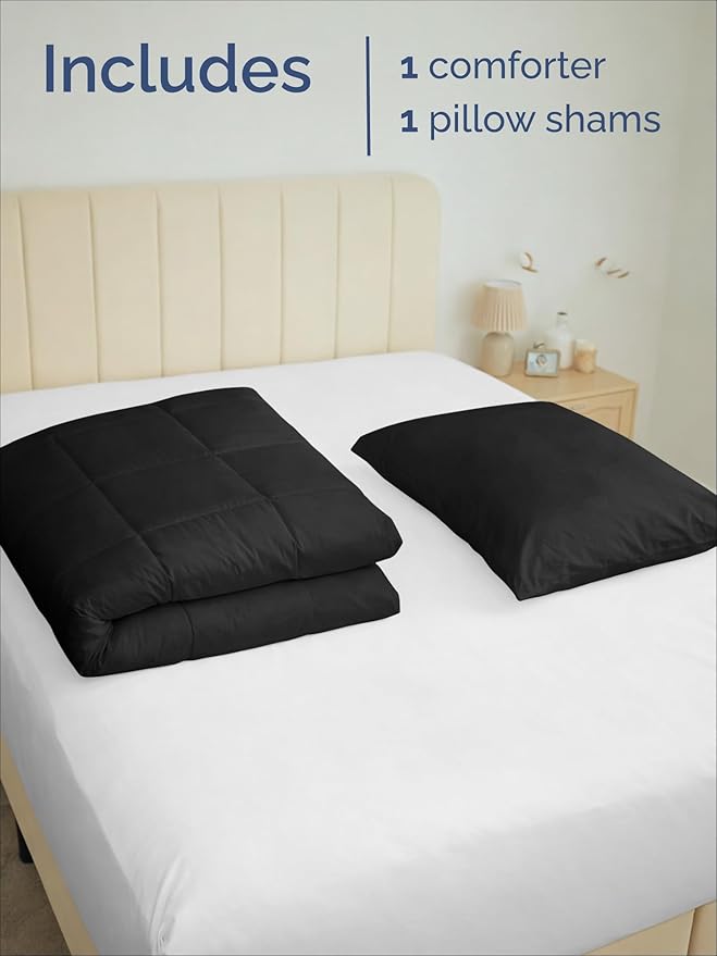 Twin Comforter Set - 2 Piece Bed Set for All Seasons - 1 Soft Quilted Comforter with Corner Tabs & 1 Pillow Sham - Comfy, Cozy & Breathable - Premium Down Duvet Insert - Oeko-TEX - Twin Size, Black