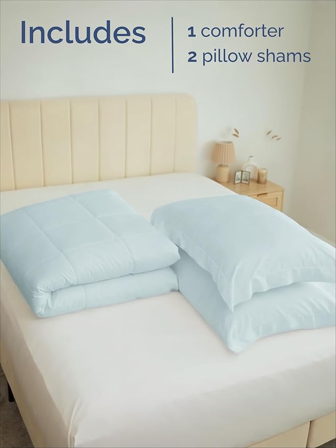 King Comforter Set - 3 Piece Bed Set for All Seasons - 1 Soft Quilted Comforter w/ Corner Tabs & 2 Pillow Shams - Comfy, Cozy & Breathable - Premium Down Duvet Insert - Oeko-TEX - King Size, Ice Blue
