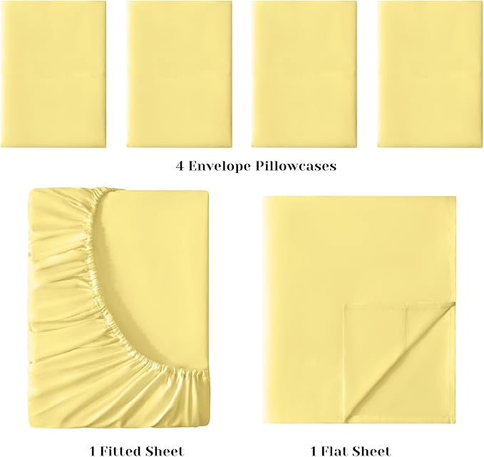 BYSURE 6 Pieces Bed Sheets Set(Queen, Yellow) - Hotel Luxury Super Soft 1800 Thread Count 100% Microfiber Sheets with Deep Pockets, Wrinkle & Fade Resistant