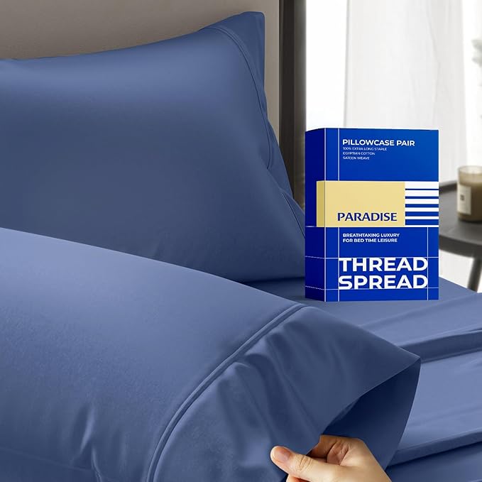 THREAD SPREAD 100% Egyptian Cotton Pillow Cases Queen Size Set of 2 Luxury 1000 Series Paradise Collection Queen Pillow Cases (Deep Blue) Soft Cooling Sateen Hotel Quality Egyptian Cotton Pillowcases