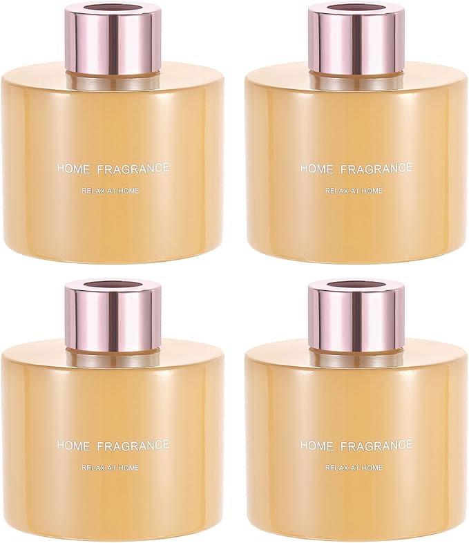 HARFINGTON 4pcs Empty Glass Diffuser Bottle 140ml/4.7oz Refillable Fragrance Accessories Aromatherapy Jar Container for Replace Reed Diffuser Home Bathroom Pale Orange with Gold Tone Cap